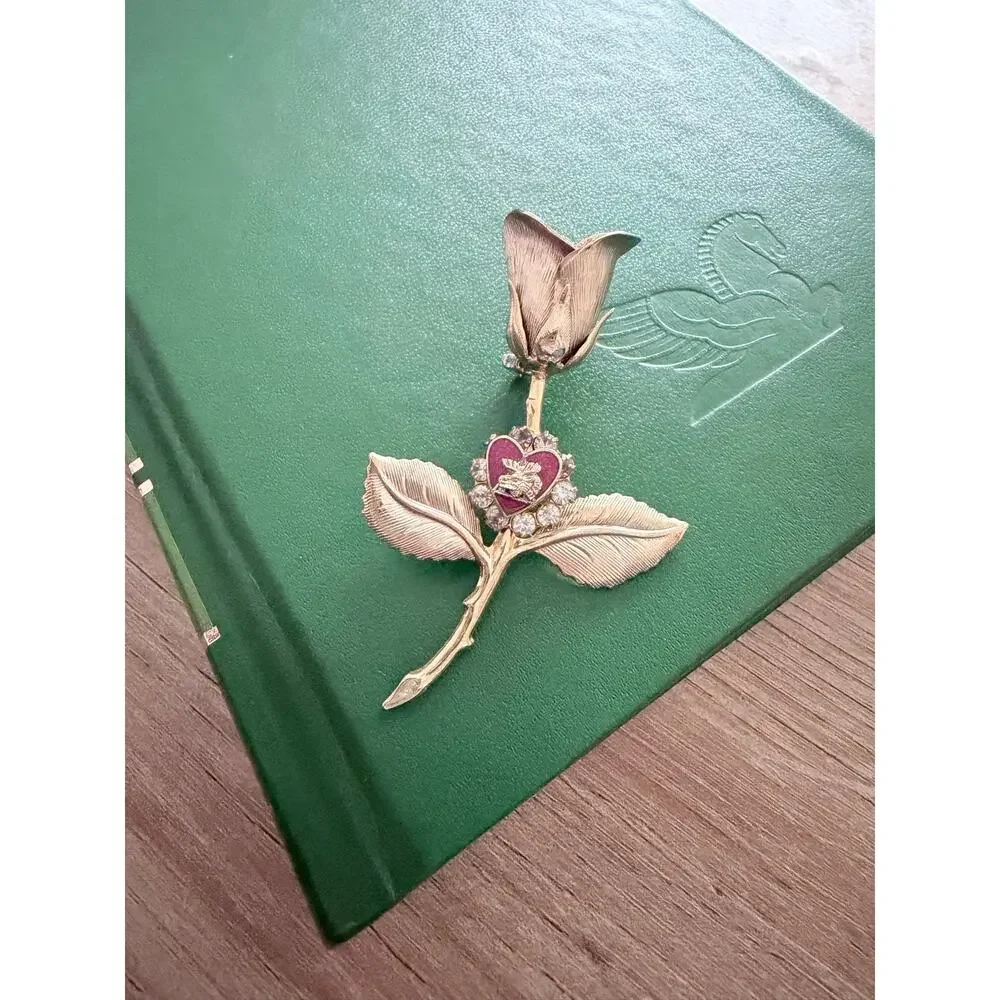 Vintage Moose Lodge Heart Rhinestone Gold Tone Rose Brooch Pin 3 inch